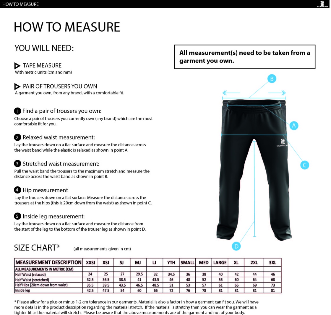 Leicestershire CCC - Dual Poplin Track Pant with Lycra - Unisex Fit - Size Guide