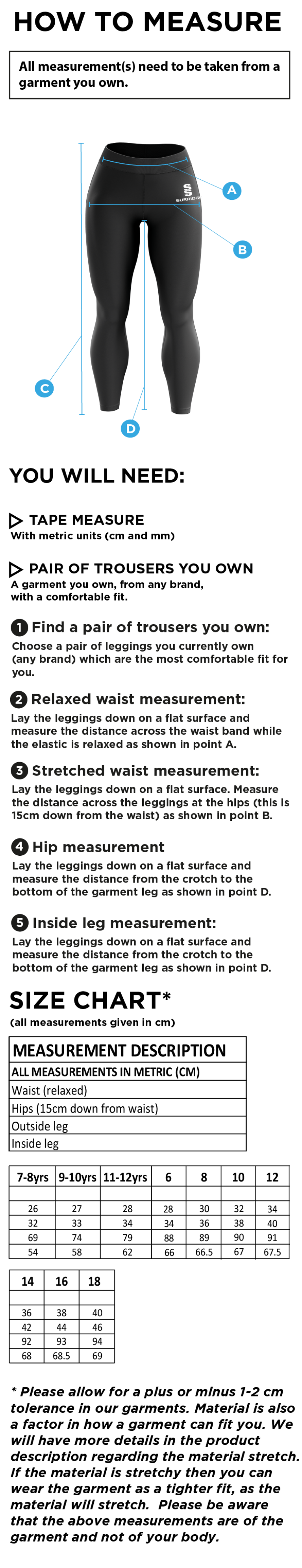 Leicestershire CCC - Performance Full Length Leggings - Women's/Girls Fit - Size Guide