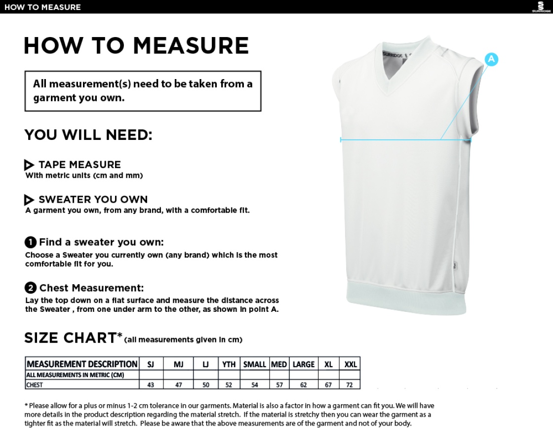 Leicestershire CCC - Dual Sleeveless Sweater - Unisex Fit - Size Guide