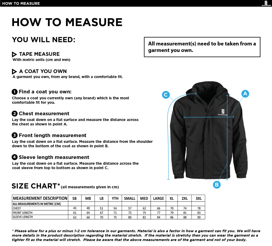 Leicestershire CCC - Dual Fleece Lined Jacket - Unisex Fit - Size Guide