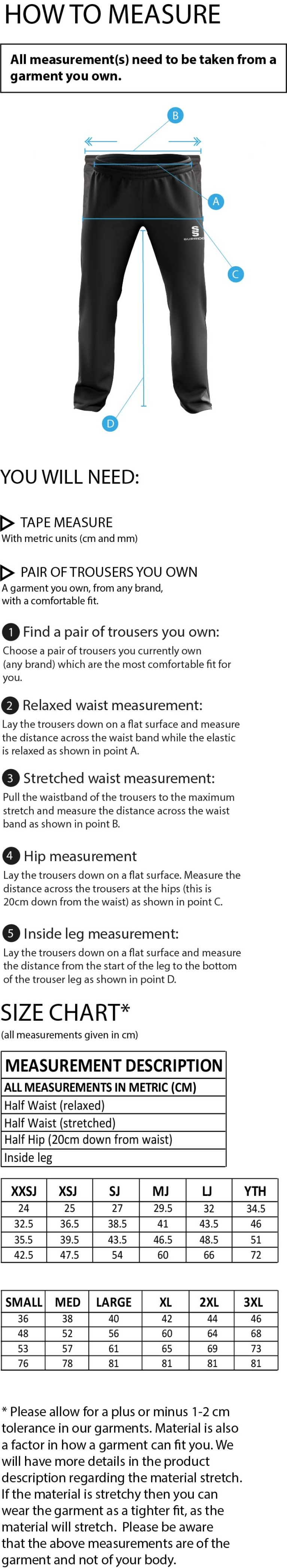 Leicestershire CCC - Dual Poplin Track Pant with Lycra - Unisex Fit - Size Guide