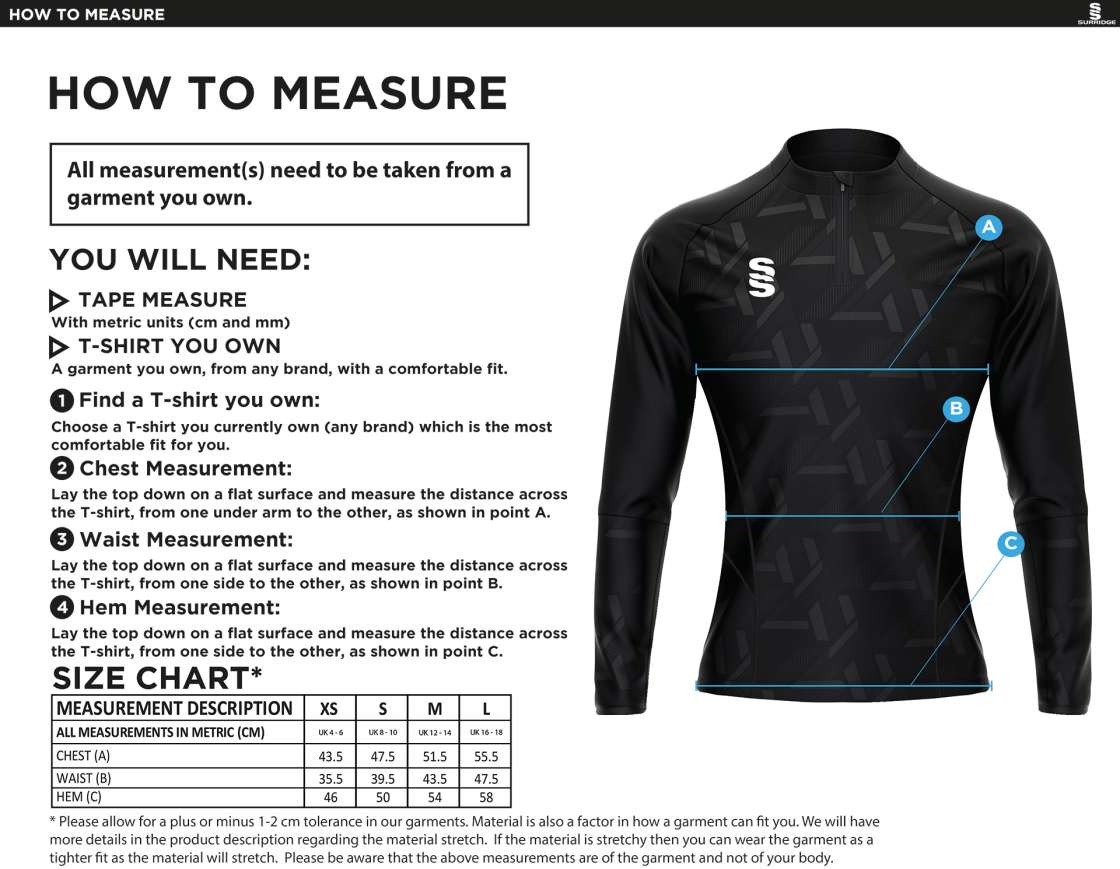 Leicestershire CCC - Impact Performance Top - Women's/Girls Fit - Size Guide