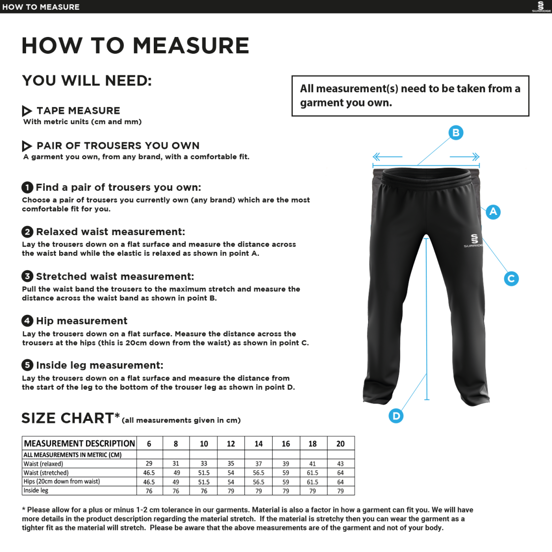 Leicestershire CCC - Poplin Track Pant - Women's/Girls Fit - Size Guide