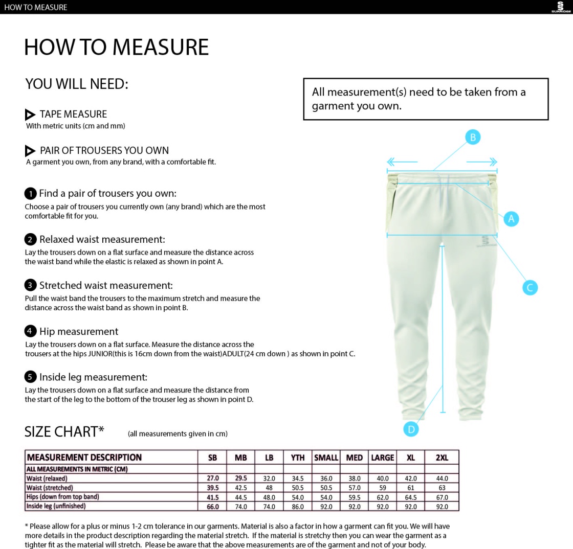 Leicestershire CCC - Active Playing Pant - Unisex Fit - Size Guide