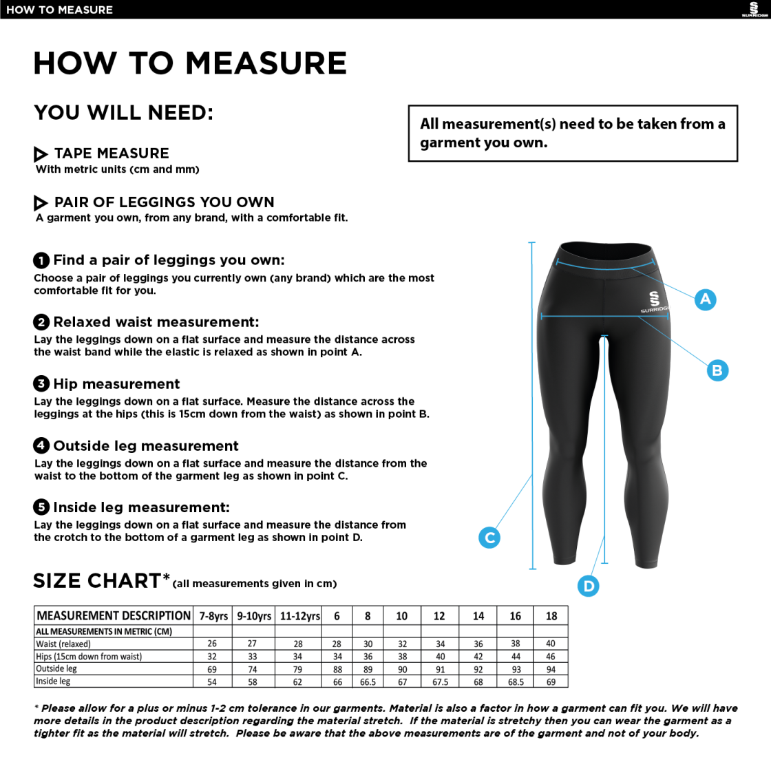 Leicestershire CCC - Performance Full Length Leggings - Women's/Girls Fit - Size Guide