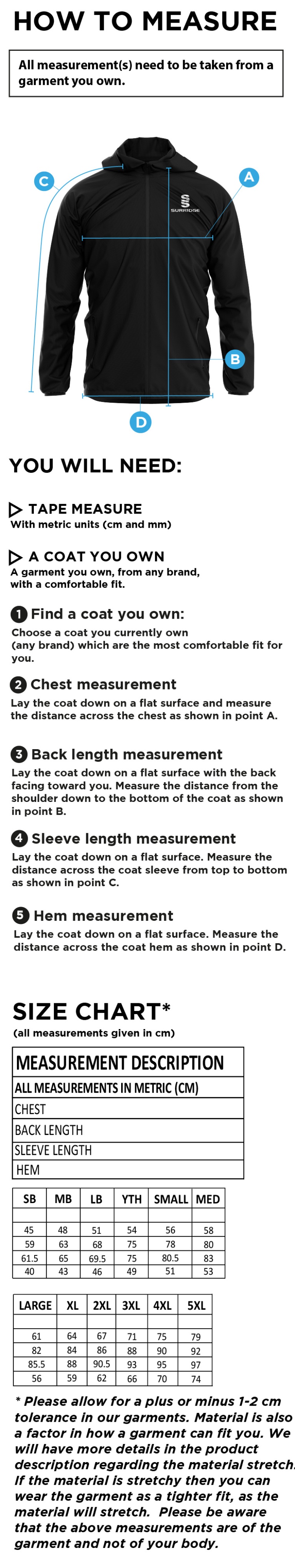 Leicestershire CCC - Dual Full Zip Training Jacket - Unisex Fit - Size Guide