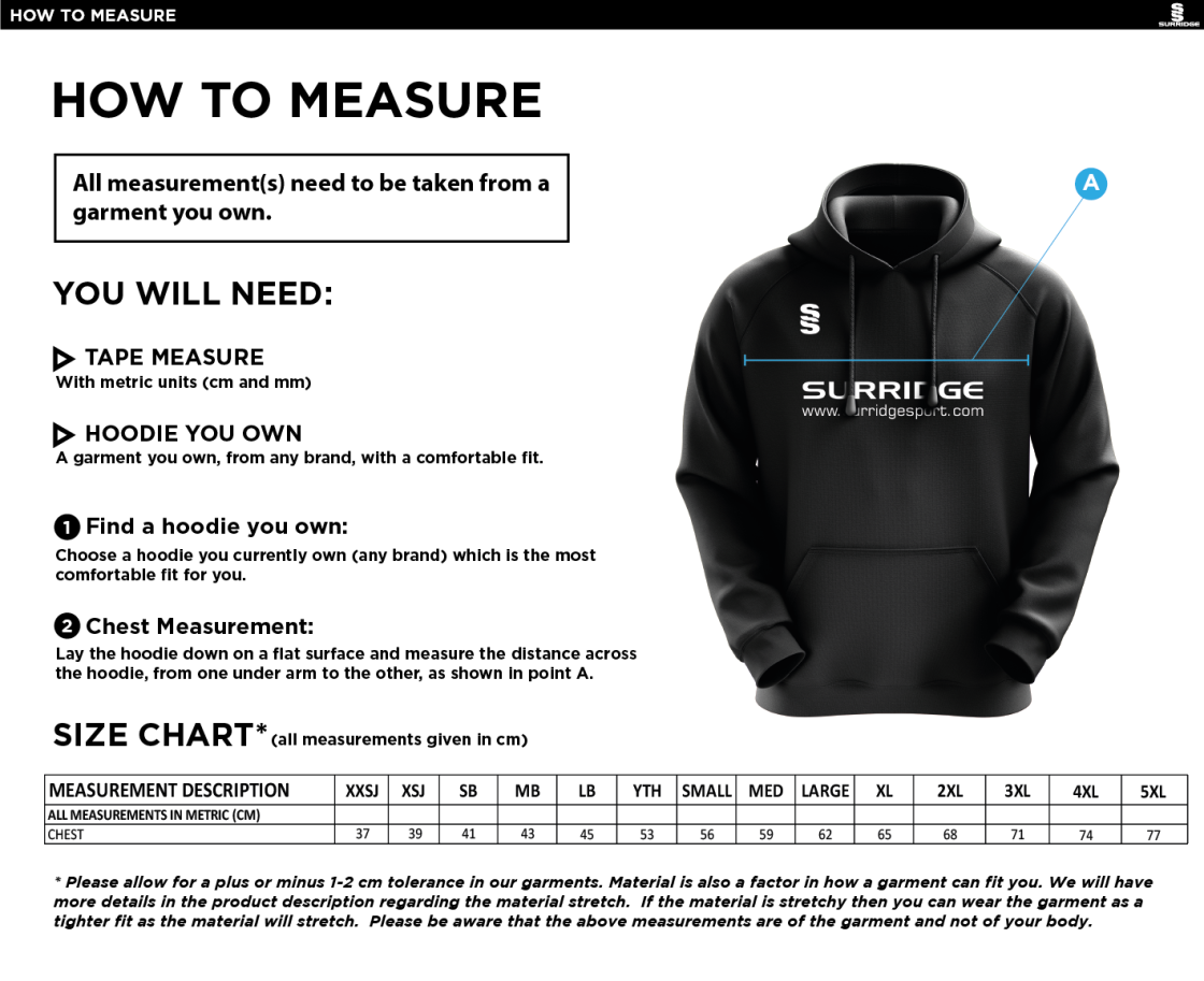 Leicestershire CCC - Fuse Hoody - Unisex Fit - Size Guide