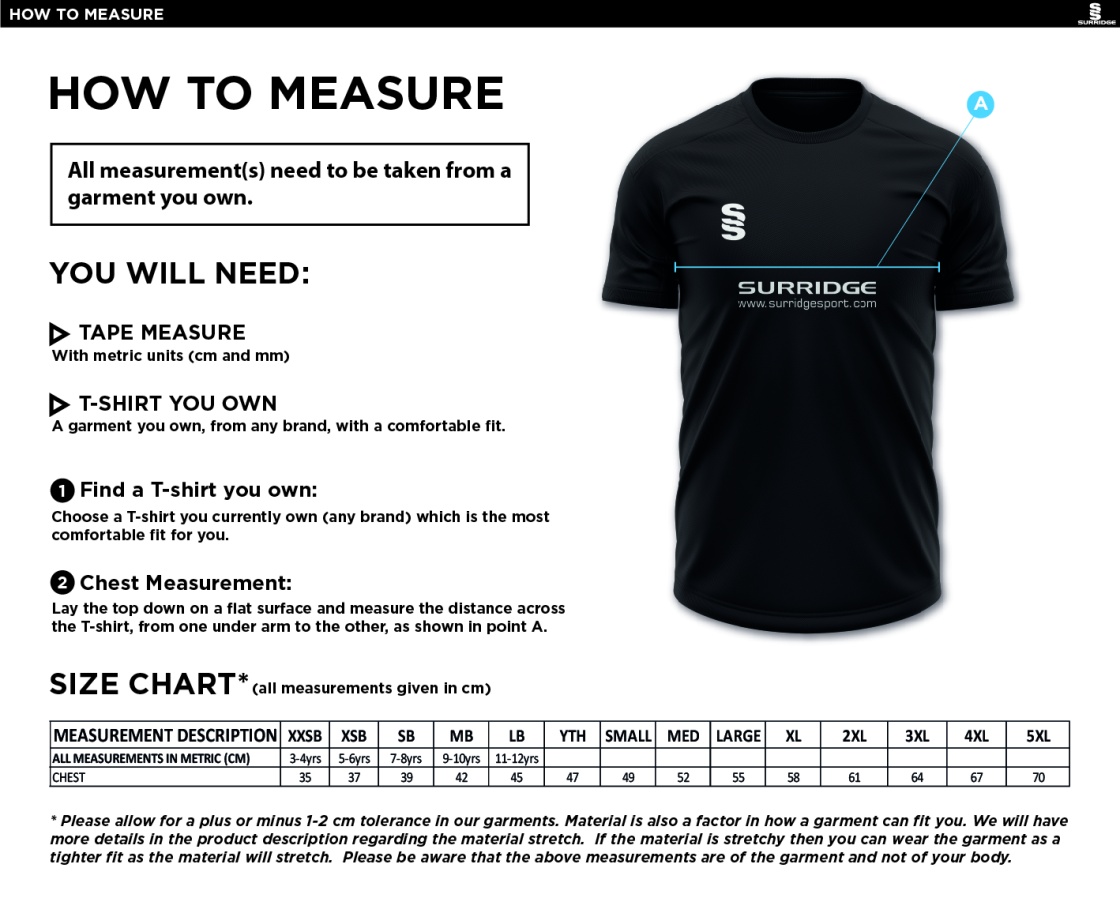 Leicestershire CCC - Dual Games Shirt - Unisex Fit - Size Guide