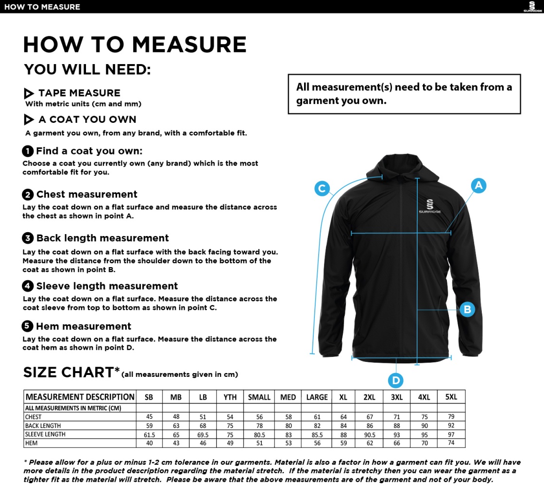 Leicestershire CCC - Dual Full Zip Training Jacket - Unisex Fit - Size Guide