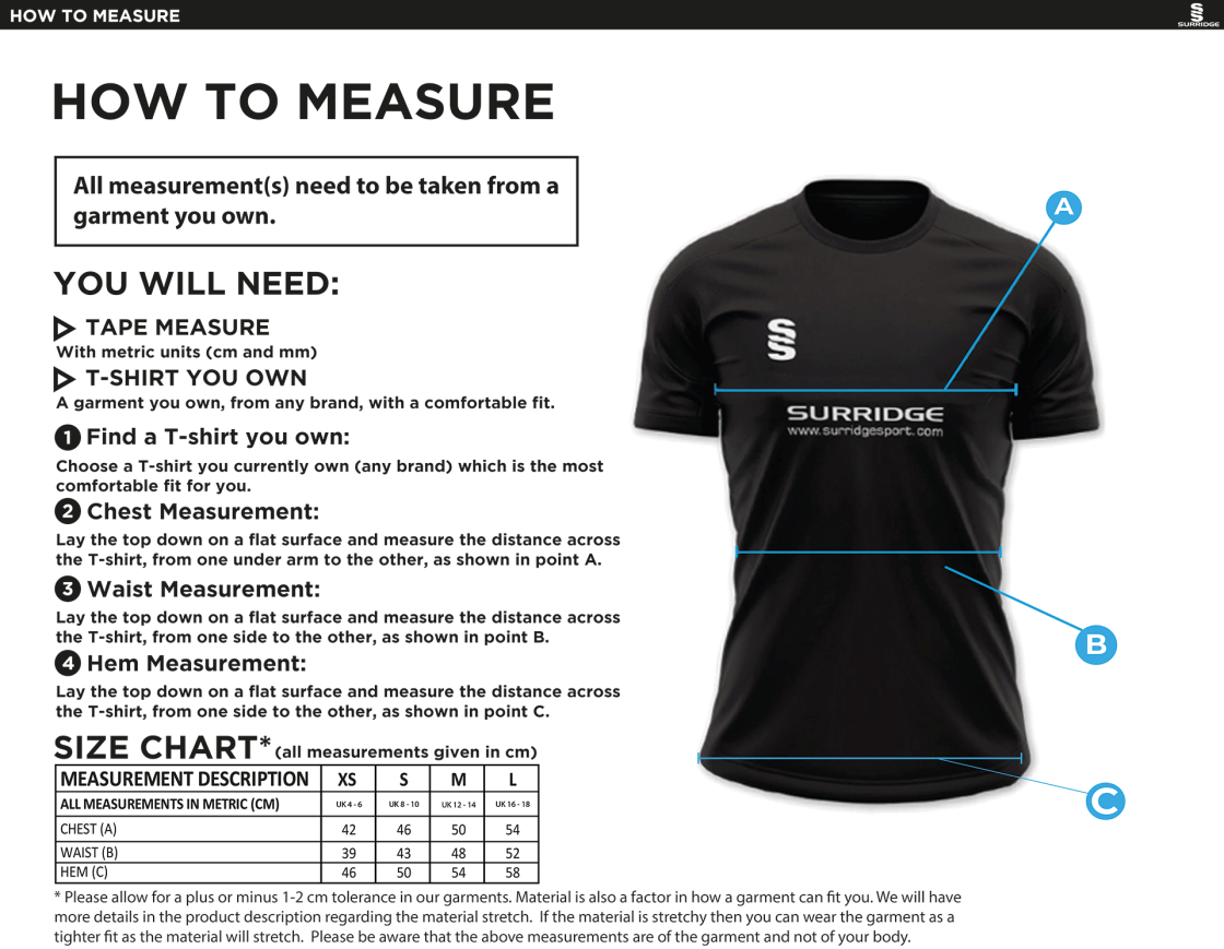 Leicestershire CCC - Impact T-Shirt - Women's/Girls Fit - Size Guide