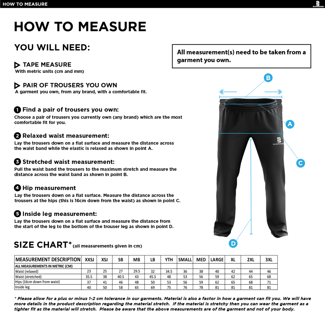 Leicestershire CCC - Poplin Track Pant - Unisex Fit - Size Guide